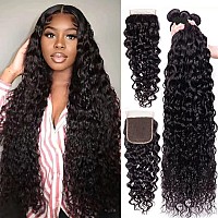 Human Hair Bundles With Closure Water Wave22 24 26 2820Free Part Brazilian Virgin Hair Weaves Pre Plucked With Baby Hair Wet