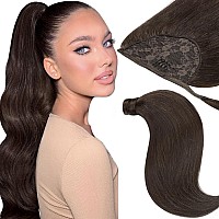 Loxxy Pony Tails Hair Extensions 14 Inch Wrap Around Ponytail Hair Extensions Natural Straight Dark Brown Virgin Ponytail Extens