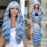 Haoland Hair Blue Wig For Women 26 Inch Synthetic Long Wavy Wigs With Bang Cosplay Wigs For Daily Party