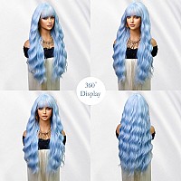 Haoland Hair Blue Wig For Women 26 Inch Synthetic Long Wavy Wigs With Bang Cosplay Wigs For Daily Party