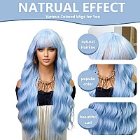 Haoland Hair Blue Wig For Women 26 Inch Synthetic Long Wavy Wigs With Bang Cosplay Wigs For Daily Party