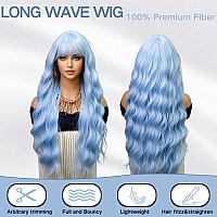 Haoland Hair Blue Wig For Women 26 Inch Synthetic Long Wavy Wigs With Bang Cosplay Wigs For Daily Party