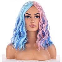 Beron Blue And Pink Wigs For Women Short Curly Bob Wavy Wig Girls Colorful Body Heat Resistant Synthetic Hair Wig Cosplay Daily