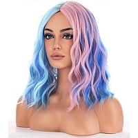 Beron Blue And Pink Wigs For Women Short Curly Bob Wavy Wig Girls Colorful Body Heat Resistant Synthetic Hair Wig Cosplay Daily