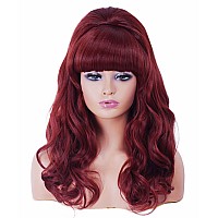 Rugelyss Vintage Long Wavy Burgundy Wig With Bang Retro Big Bouffant Beehive Wigs Fits 60S 70S 80S Costume Or Halloween Party