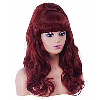 Rugelyss Vintage Long Wavy Burgundy Wig With Bang Retro Big Bouffant Beehive Wigs Fits 60S 70S 80S Costume Or Halloween Party