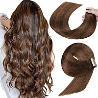 Tape In Hair Extensions 20Pcs 24 Inch Balayage Dark Brown To Chestnut Brown Straight Human Hair Extensions Tape In Seamless Ski