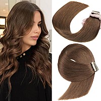 Tape In Hair Extensions 16 Inch Tape In Hair Extensions Human Hair 20Pcs Chocolate Brown Tape Hair Extensions Straight Seamless