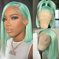 13X4 Bob Lace Front Wigs Human Hair 10 Inch Transparent Hd Lace Front Bob Wig Real Human Hair Mint Green Deep Parting Lace Front