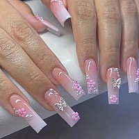 24 Pcs Long Press On Nails Square Shape Fake Nails Gradient Color Acrylic False Nails Cute 3D Butterfly Flower Glue On Spring Na