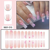 24 Pcs Long Press On Nails Square Shape Fake Nails Gradient Color Acrylic False Nails Cute 3D Butterfly Flower Glue On Spring Na