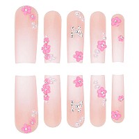 24 Pcs Long Press On Nails Square Shape Fake Nails Gradient Color Acrylic False Nails Cute 3D Butterfly Flower Glue On Spring Na