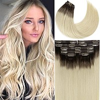 Lacer Hair Seamless Hair Extensions Pu Clip In Real Human Hair 16 Inch R260A Ombre Color Platinum Blonde With Darkest Brown Ro