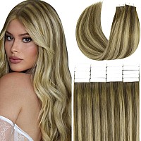 22 Inch Tape In Hair Extensions Human Hair Warm Brown Fading To Ash Blonde Highlight With Color Rremy Hair Tape In Human Hair Ex