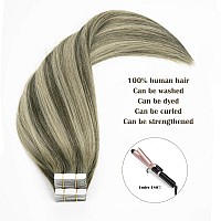 22 Inch Tape In Hair Extensions Human Hair Warm Brown Fading To Ash Blonde Highlight With Color Rremy Hair Tape In Human Hair Ex