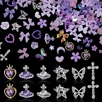 3D Purple Assorted Pearl Nail Charms Butterfly Planet Cross Heart Star Nail Rhinestones Charms Bow Flower Nail Charms For Manicu