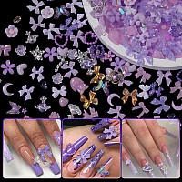 3D Purple Assorted Pearl Nail Charms Butterfly Planet Cross Heart Star Nail Rhinestones Charms Bow Flower Nail Charms For Manicu