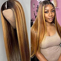 Pobokix Highlight Ombre V Part Wigs Human Hair Straight Balayage Blonde V Part Human Hair Wigs 180 Density Glueless Full Head C