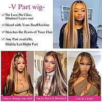 Pobokix Highlight Ombre V Part Wigs Human Hair Straight Balayage Blonde V Part Human Hair Wigs 180 Density Glueless Full Head C