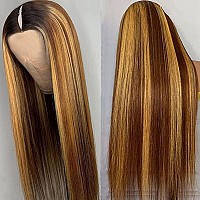 Pobokix Highlight Ombre V Part Wigs Human Hair Straight Balayage Blonde V Part Human Hair Wigs 180 Density Glueless Full Head C