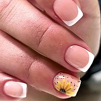 White French Tip Press On Nails Short Square Fake Nails Press Ons Fower Black Spots Glue On Nails Nude Full Cover Acrylic Nails