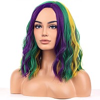 Beron Mardi Gras Wigs For Womens Girls Mardi Gras Costume Cosplay Purple Green And Yellow Colored Side Part Wigs Shoulder Length