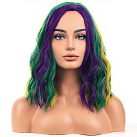 Beron Mardi Gras Wigs For Womens Girls Mardi Gras Costume Cosplay Purple Green And Yellow Colored Side Part Wigs Shoulder Length