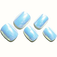 Glamermaid Press On Nails Extra Short Squoval Spring Summer Handmade Sky Blue Chrome Glue On Gel Nails 24Pcs Glazed Donut Glos