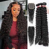 Yocytu 12A Brazilian Deep Wave Bundles With Closure Human Hair 26 28 3020 Curly Hair Bundles Human Hair With Closure 180 Densit