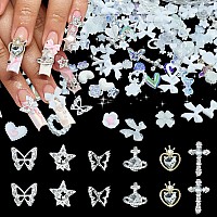 3D Assorted White Pearl Nail Charms Butterfly Planet Cross Heart Star Nail Rhinestones Charms Bow Flower Nail Charms For Manicur