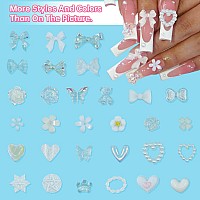 3D Assorted White Pearl Nail Charms Butterfly Planet Cross Heart Star Nail Rhinestones Charms Bow Flower Nail Charms For Manicur