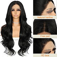 Sapphirewigs 13 4 Black Synthetic Lace Front Wig Real Hd Wig Pre Plucked Glueless Wig Long Loose Body Wave Natural Black Color