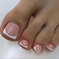 Glitter White French Tip Square Press On Toenails Short Nude Fake Toenails Acrylic Toe Nails Cute Artificial Shimmer Toenails Fo