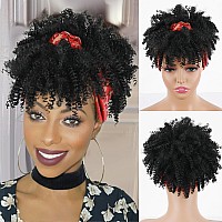 Afro Kinky Headband Wig Black Curly Headband Wig With Bangs For Black Women Synthetic Afro Curly Hair Wig With Headband Attached