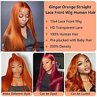 Arietis 350 Ginger Orange Colored Wigs 13X4 Hd Transparent Lace Front Wigs Human Hair 250 Density Straight Frontal Wigs Glueles