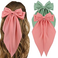 Atoden Silky Satin Hair Bows 2Pcs Green Pink Big Hair Bows Hair Ribbons Oversized Long Tail Bow Hair Clips Large Hair Ribbon Bar