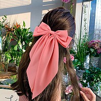 Atoden Silky Satin Hair Bows 2Pcs Green Pink Big Hair Bows Hair Ribbons Oversized Long Tail Bow Hair Clips Large Hair Ribbon Bar