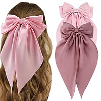 Atoden Silky Satin Oversized Long Tail Big Bowknot Hair Accessories 2Pcs Pink Purple Barrettes With Metal Clips For Women And G