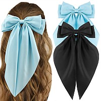 Atoden Silky Satin Oversized Bowknot Hair Accessories Large Metal Clips 2Pcs Big Black And Blue Barrettes With Long Tail For