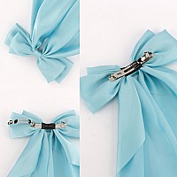 Atoden Silky Satin Oversized Bowknot Hair Accessories Large Metal Clips 2Pcs Big Black And Blue Barrettes With Long Tail For