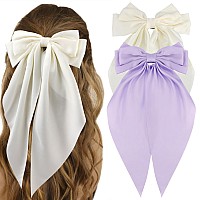 Atoden Silky Satin Oversized Long Tail Hair Accessories 2Pcs Beige Purple Big Bowknot Barrettes With Metal Clips For Women