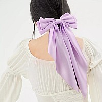 Atoden Silky Satin Oversized Long Tail Hair Accessories 2Pcs Beige Purple Big Bowknot Barrettes With Metal Clips For Women