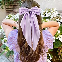 Atoden Silky Satin Oversized Long Tail Hair Accessories 2Pcs Beige Purple Big Bowknot Barrettes With Metal Clips For Women