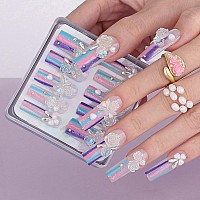 Mqpq Cute Handmade Square Nails With Camellia Flowers Heartshaped Pearls Clear Rainbow Pretty Press Ons Lovefull Fake Nails Lon