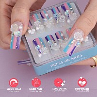 Mqpq Cute Handmade Square Nails With Camellia Flowers Heartshaped Pearls Clear Rainbow Pretty Press Ons Lovefull Fake Nails Lon