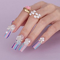 Mqpq Cute Handmade Square Nails With Camellia Flowers Heartshaped Pearls Clear Rainbow Pretty Press Ons Lovefull Fake Nails Lon