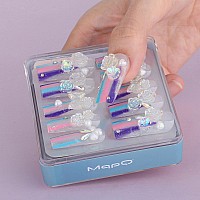 Mqpq Cute Handmade Square Nails With Camellia Flowers Heartshaped Pearls Clear Rainbow Pretty Press Ons Lovefull Fake Nails Lon