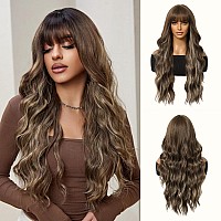 Haoland Ombre Brown Wigs With Bangs26 Inch Long Wavy Wig For Womenlong Curly Gray Wigs Dark Roots Synthetic Hair For Wedding D