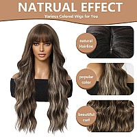 Haoland Ombre Brown Wigs With Bangs26 Inch Long Wavy Wig For Womenlong Curly Gray Wigs Dark Roots Synthetic Hair For Wedding D