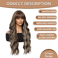 Haoland Ombre Brown Wigs With Bangs26 Inch Long Wavy Wig For Womenlong Curly Gray Wigs Dark Roots Synthetic Hair For Wedding D